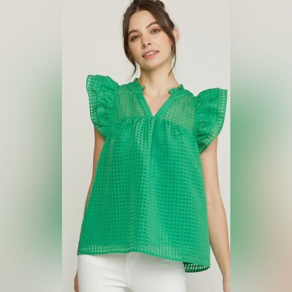 Entro Emerald Eyelet Blouse with Ruffle Sleeves - Picture 1 of 5